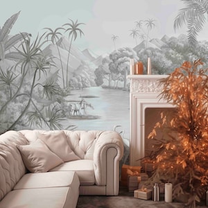 Peel & Stick Wallpaper - Grayscale Tropical Mural - Removable Pre-pasted Wallcovering - Tropical Paradise Mural by Green Planet Home Décor