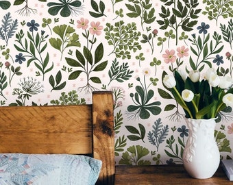 Botanical Pattern Peel and Stick Wallpaper - Self-Adhesive Removable Wallcovering - Fabric & Canvas Texture Wall Murals by Green Planet