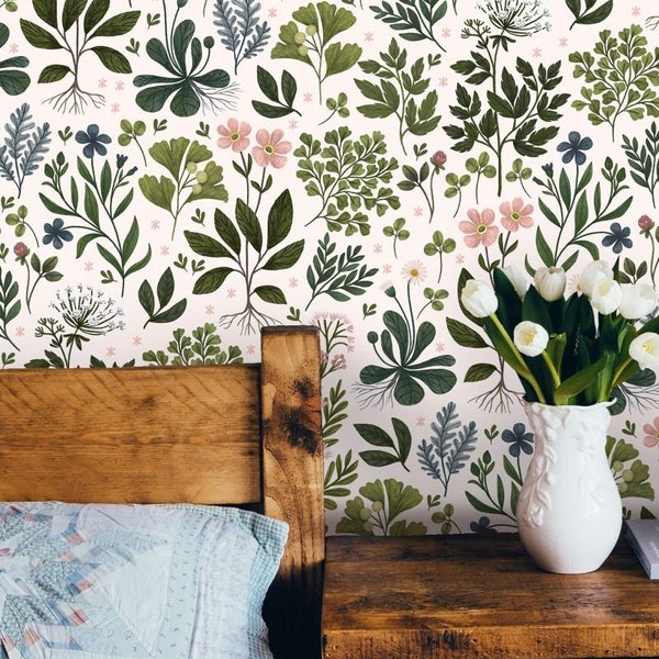Botanical Pattern Peel and Stick Wallpaper - Self-Adhesive Removable Wallcovering - Fabric & Canvas Texture Wall Murals by Green Planet