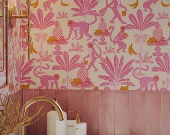 Monkey Business Pattern Wallpaper | Peel & Stick | Pre-pasted | Unpasted Materials | Fun Animal Print Wallcovering by Green Planet