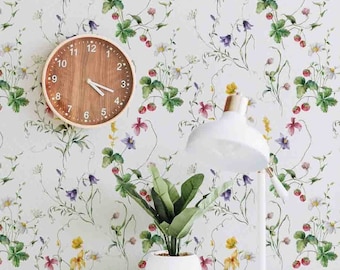 Summer Meadow Wallcovering - Removable Peel & Stick Wallpaper - Strawberry Field -  Pre-pasted and Unpasted Wall Mural by Green Planet Print