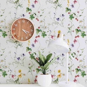 Summer Meadow Wallcovering - Removable Peel & Stick Wallpaper - Strawberry Field -  Pre-pasted and Unpasted Wall Mural by Green Planet Print