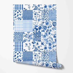 Peel & Stick Wallpaper - Blue Floral Patchwork Wallcovering - Removable Pre-pasted - Unpasted Wallcoverings Wall by Green Planet