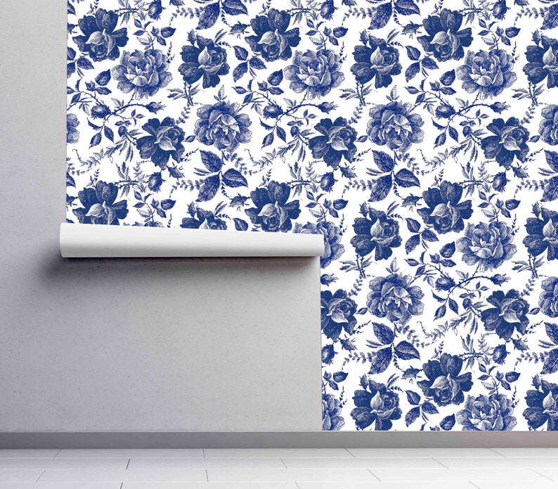 Removable Self Adhesive Wallpaper Vintage Blue Floral Etsy
