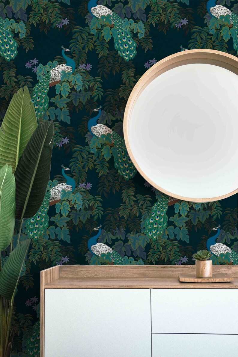 Peacock in the Gardens Pattern Wallpaper | Peel & Stick | Pre-pasted ...