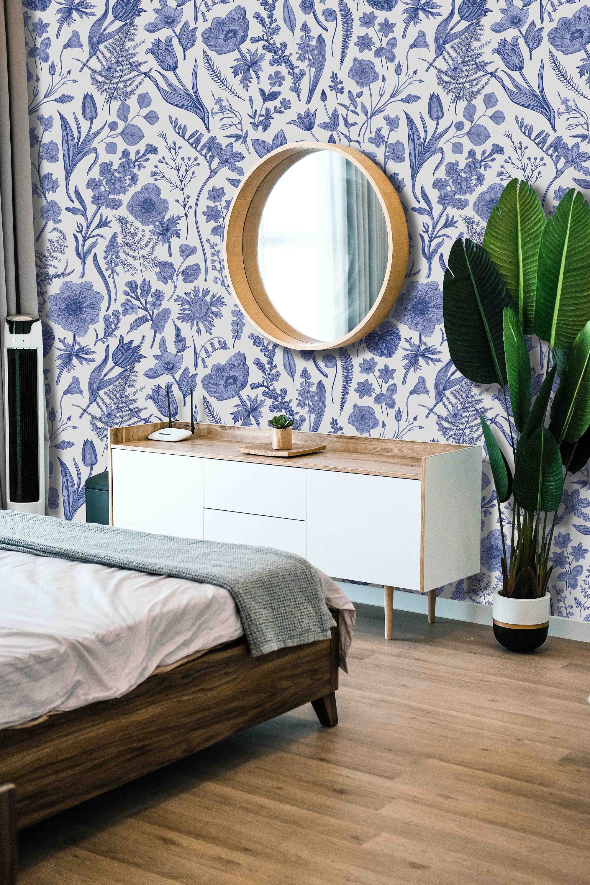 Removable Self Adhesive Wallpaper Vintage Blue Floral Etsy