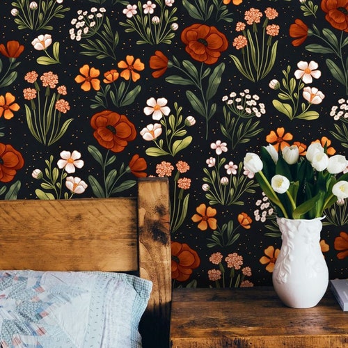 Green Peach Floral Contact Paper Peel and Stick Wallpaper Etsy