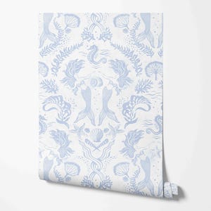 Peel & Stick Wallpaper - Dreamy Mermaids in White and White - Pre-pasted and Unpasted Wallcovering - Removable Coastal Wall Mural by GP