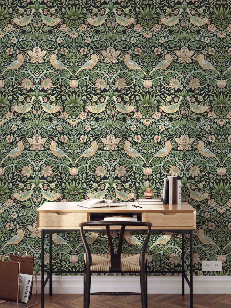 HueBurst William Morris Peel & Stick Wallpaper – Beige Strawberry & Bird Contact Paper (3m Roll)