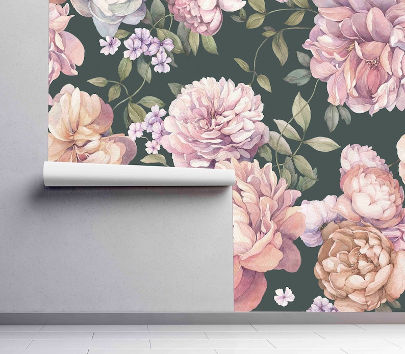 Peony Wall Mural Wallpaper Pink Floral Illustration Green Etsy
