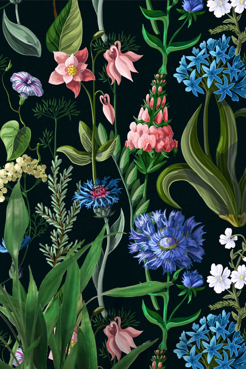 Wildflowers on Black Background Wallpaper Self Adhesive | Etsy