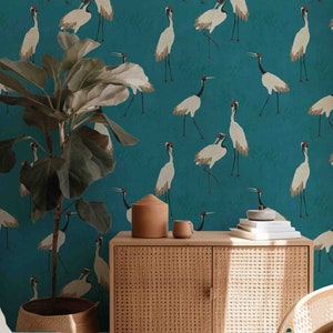 Peel & Stick Wallpaper - Chinoiserie Cranes Pattern - Removable Pre-pasted - Unpasted Wallcovering - Nature Wall Murals by Green Planet Home