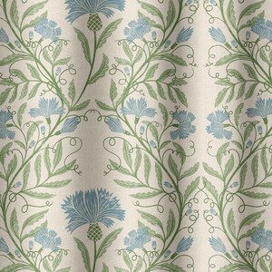 May include: A seamless pattern featuring blue and green stylized flowers on a cream background. The flowers are arranged in a symmetrical pattern with a repeating design.