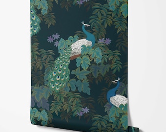 Papel pintado con estampado de pavo real en los jardines / Autoadhesivo / Materiales preencolados / Sin encolar / Revestimientos murales geométricos de Green Planet