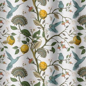 May include: A white background with a repeating pattern of green leaves, yellow lemons, and blue hummingbirds. The hummingbirds are flying and perched on branches. There are also small white flowers and red berries in the pattern.