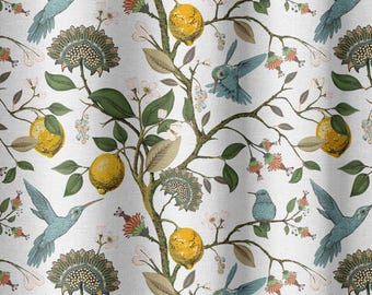 Hummingbird & Lemons Fabric (small scale) by the Yard - Pattern Fabric for Home Projects, Clothing, Upholstery, Curtains - by Green Planet