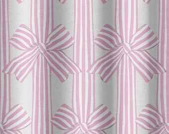 May include: A seamless pattern of pink and white striped bows on a white background. The bows are arranged in a repeating pattern, with each bow centered on a vertical stripe.