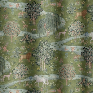 May include: A green fabric with a repeating pattern of a whimsical forest scene. The pattern includes trees, flowers, birds, a unicorn, a lion, and a deer. The fabric has a textured, woven look.