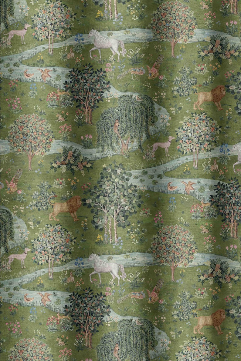 May include: A green fabric with a repeating pattern of a whimsical forest scene. The pattern includes trees, flowers, birds, a unicorn, a lion, and a deer. The fabric has a textured, woven look.