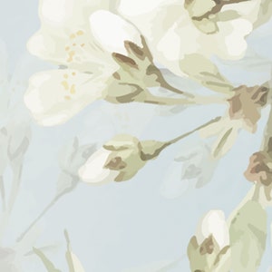 Może przedstawiać: Akwarela przedstawiająca białe kwiaty z zielonymi łodygami i pąkami na jasnoniebieskim tle.