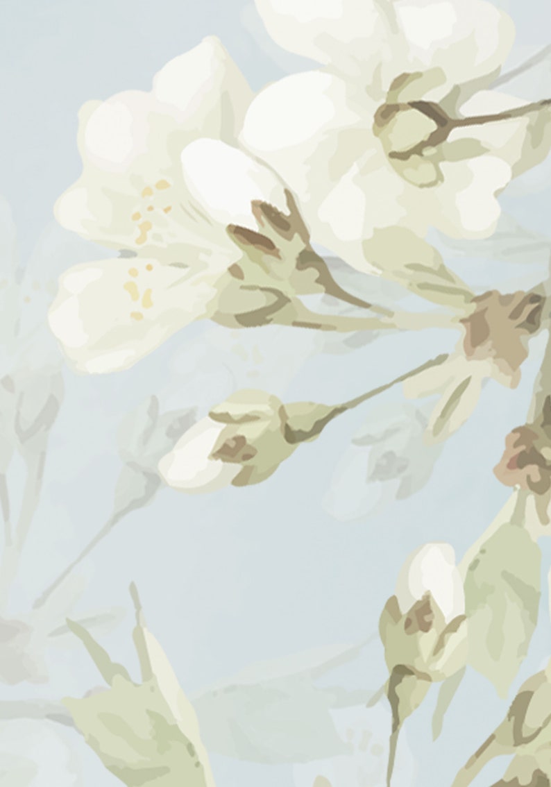 Może przedstawiać: Akwarela przedstawiająca białe kwiaty z zielonymi łodygami i pąkami na jasnoniebieskim tle.