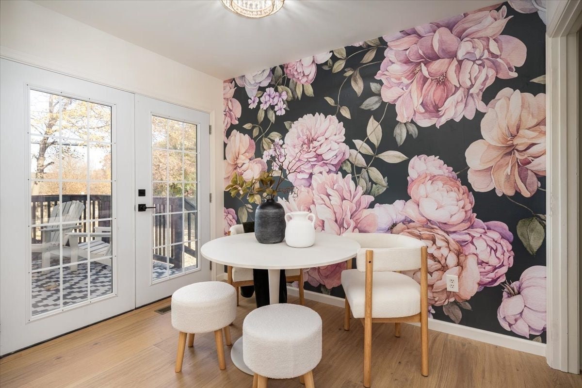 Peony Wall Mural Wallpaper - Pink Floral Illustration - Green Hues ...