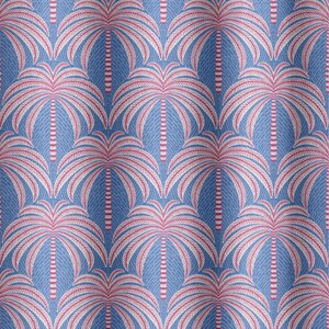 May include: A seamless pattern of pink and white palm trees on a blue background. The palm trees are stylized and have a retro feel.