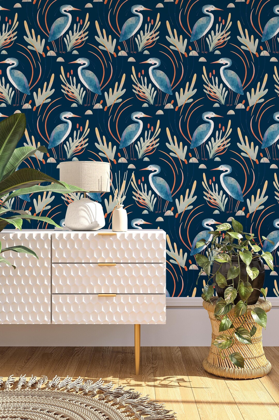 Blue Heron Pattern Wallpaper Removable Self Adhesive Wallcovering Peel