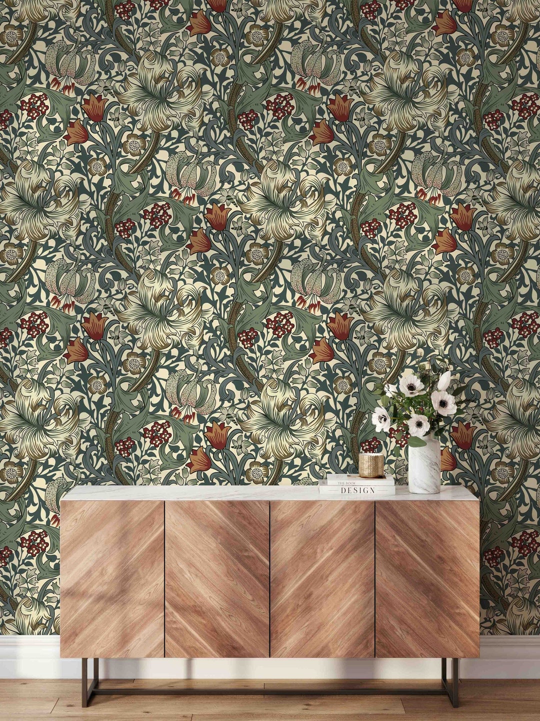 Peel & Stick Wallpaper William Morris Pink Dark Green Lily Pattern