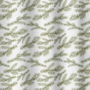 May include: A repeating pattern of watercolor-style evergreen branches on a white background. The branches are a mix of green and brown, creating a natural, textured look. The design is suitable for fabric or wallpaper.