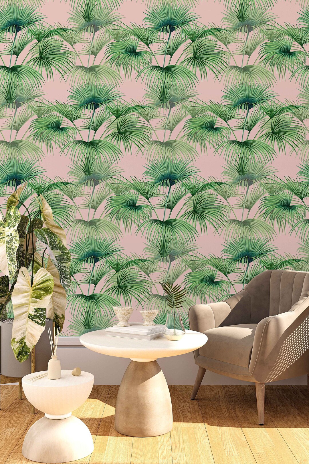 Palm on Light Pink Background Wallpaper Removable Self - Etsy