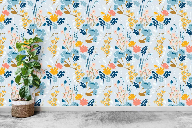Selfadhesive Removable Wallpaper Blue Abstract Floral Etsy