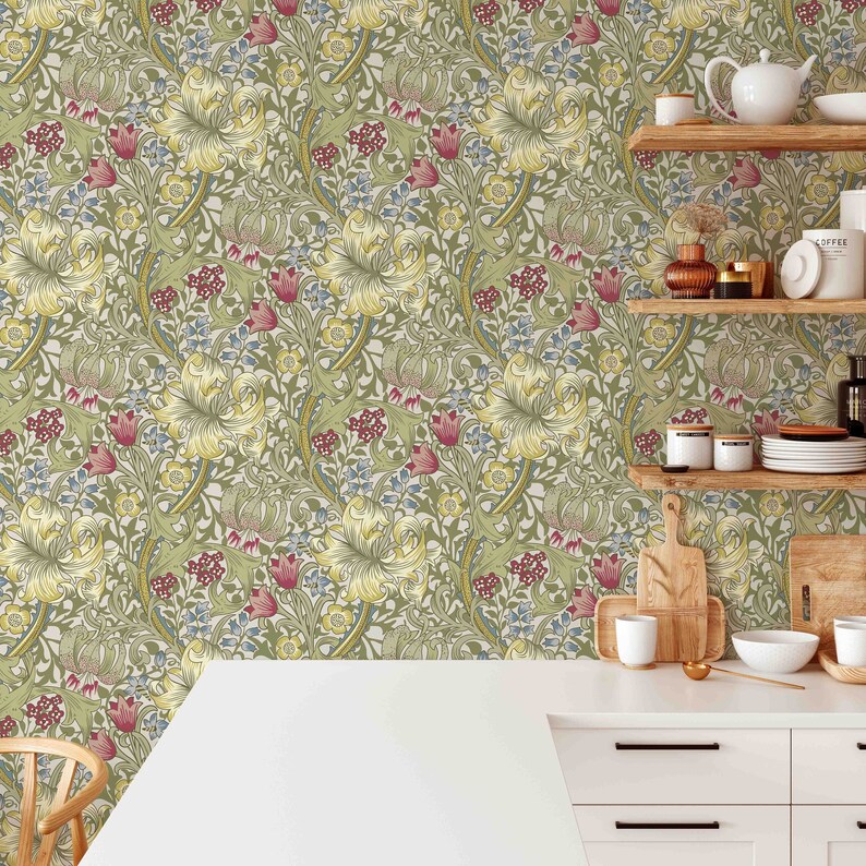 Peel & Stick Wallpaper William Morris Pink Green Lily - Etsy