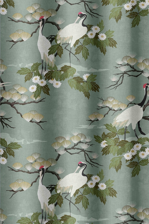 Japanese Crane Fabric by the Yard - Pattern Fabric for Home