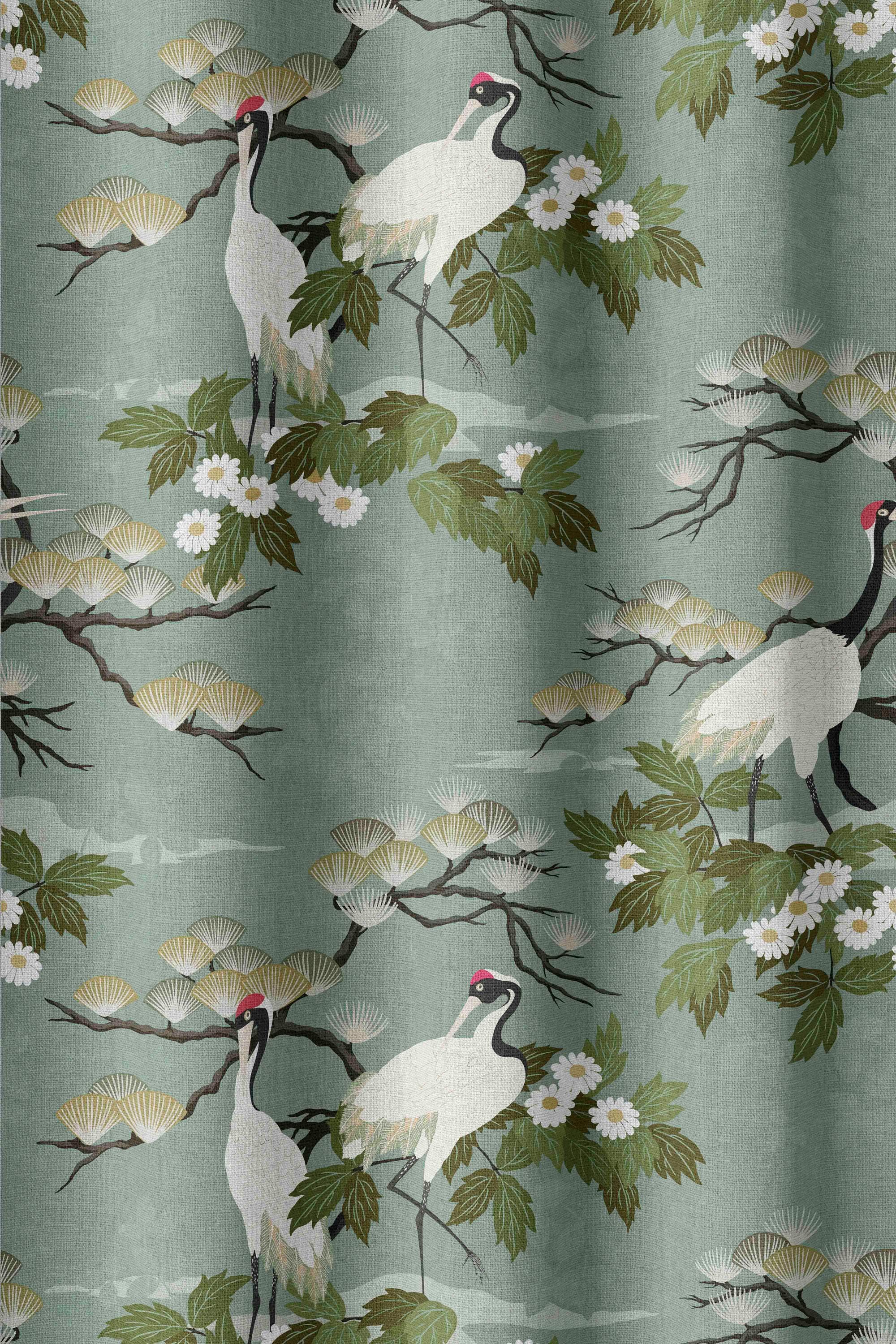 Japanese Crane Fabric by the Yard - Pattern Fabric for Home
