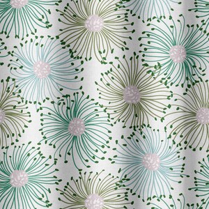 May include: White fabric with a repeating pattern of stylized flowers. Each flower has a light pink center, surrounded by thin, radiating lines in shades of teal, olive green, and light blue. Small green dots are scattered around the flower heads.