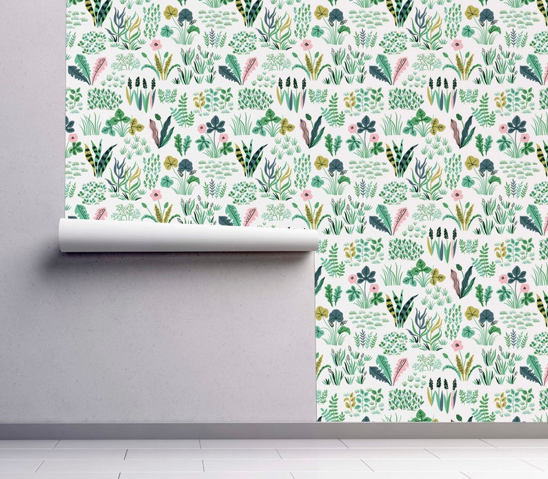 Peel & Stick Wallpaper Greenery and Flowers Pattern Self - Etsy