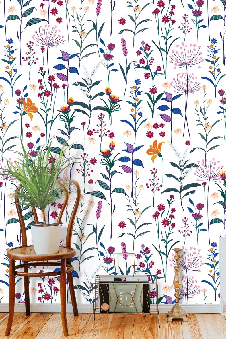 Wildflower Pattern Wall Mural on White Background Removable Etsy