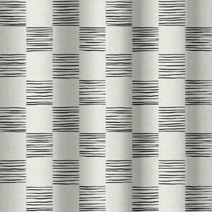 May include: A white fabric with a black and white geometric pattern of horizontal lines forming squares. The fabric has a subtle texture.