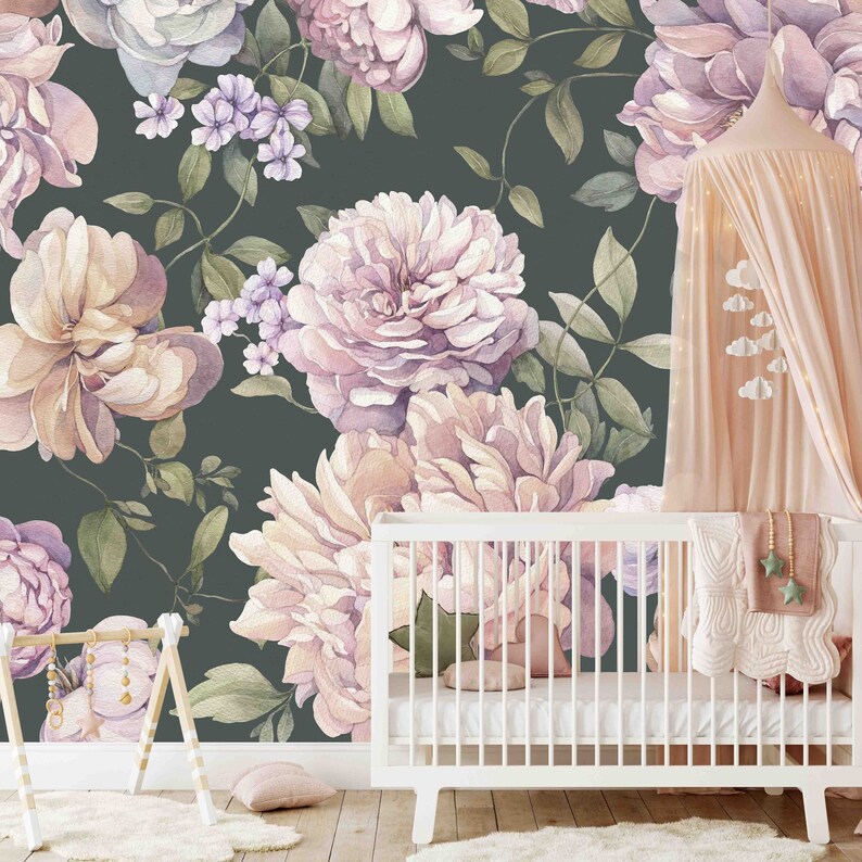 Peony Wall Mural Wallpaper Pink Floral Illustration Green Etsy