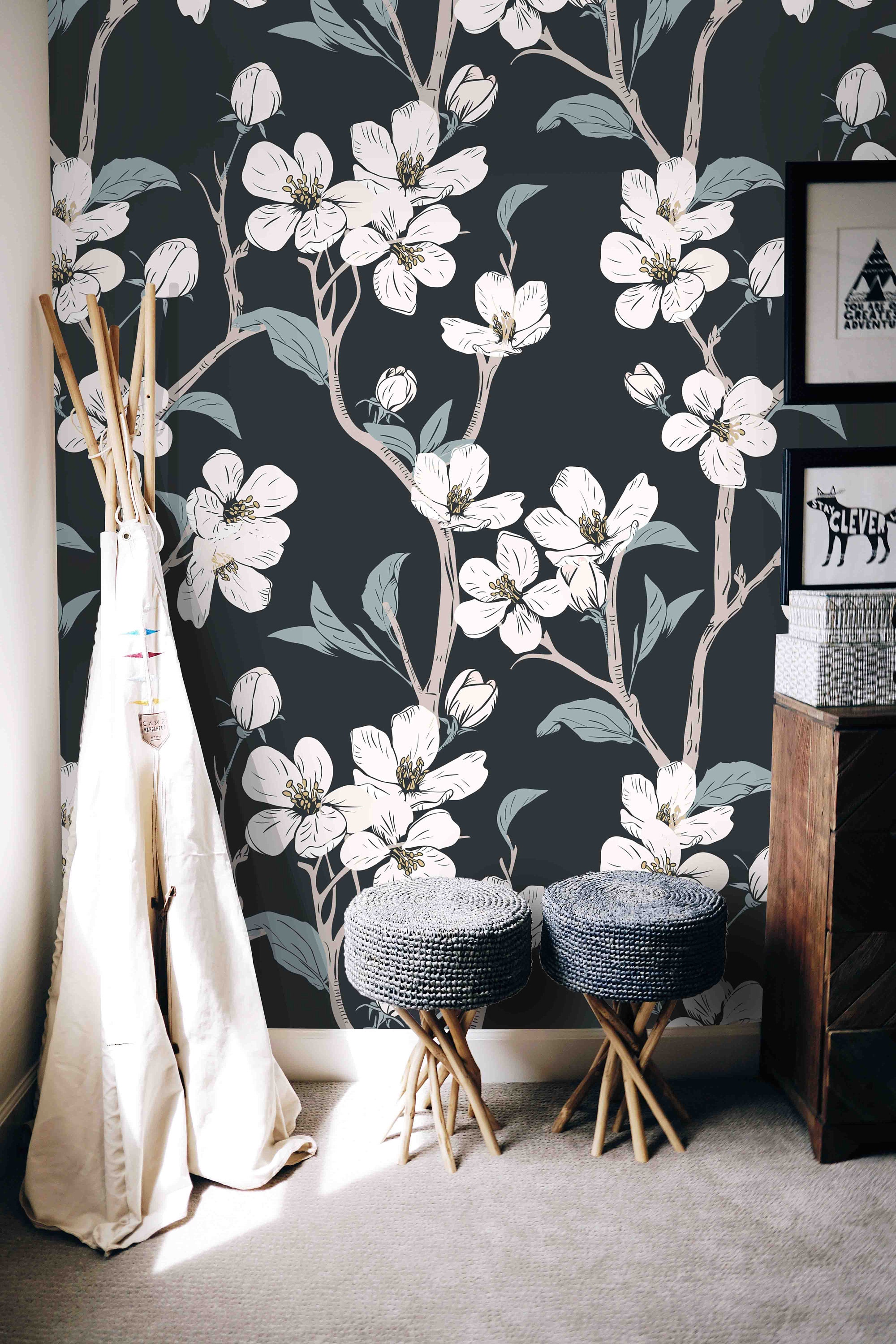 Removable Self Adhesive Mural Wallpaper White Flowers on Etsy