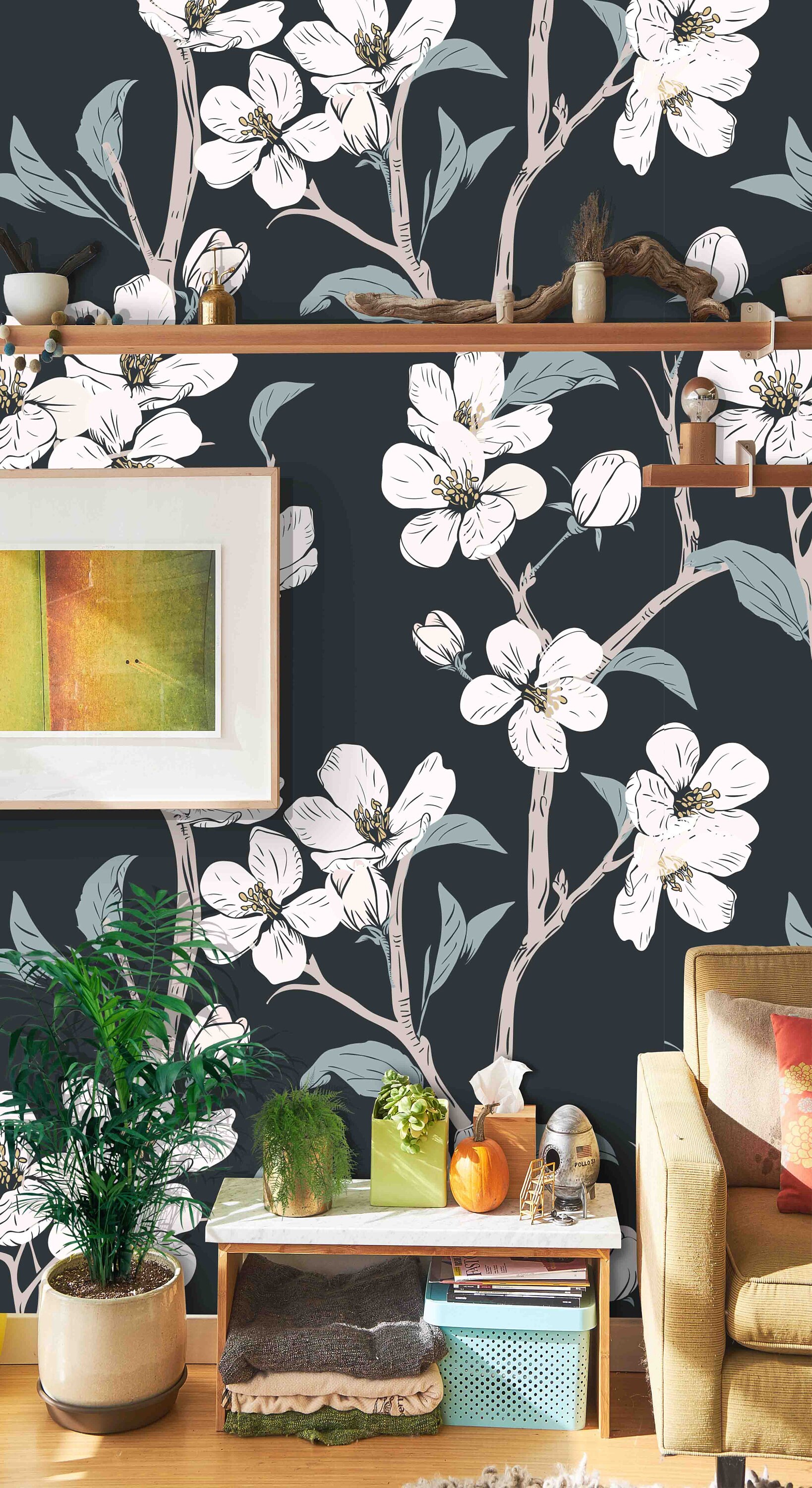 Removable Self Adhesive Mural Wallpaper White Flowers on Etsy