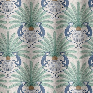 May include: A seamless pattern featuring blue monkeys sitting on either side of a palm tree with a pineapple on top. The palm tree is in a blue and white patterned pot. The background is a light beige color.