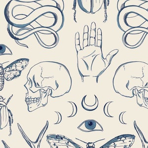 Op de afbeelding: Een naadloos patroon met verschillende mystieke en occulte symbolen, waaronder een schedel, een hand, een kever, een nachtvlinder, een slang, een oog, geweien en halve manen. De symbolen zijn getekend in blauwe inkt op een cr&egrave;mekleurige achtergrond.