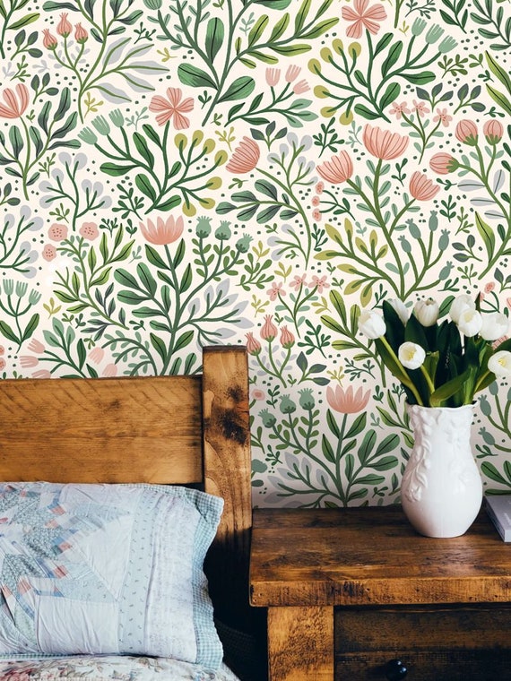 Spring Floral Pattern Wallpaper Peel & Stick Fabric Wallcovering Removable Mural Wallcoverings by Green Planet Home Decor Floral Decal