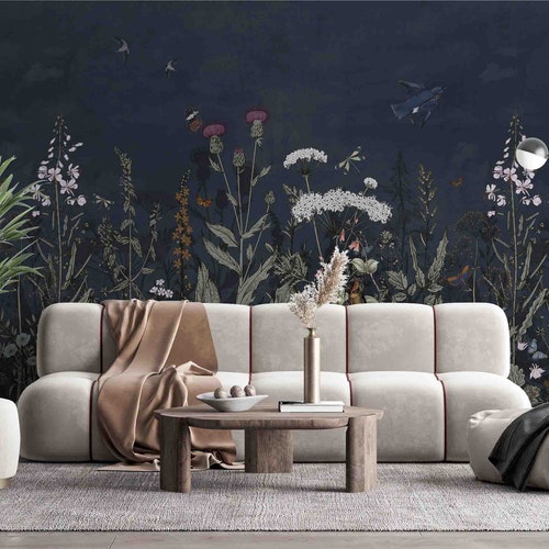 Large Wildflower Mural on Dark Background Self Adhesive Etsy