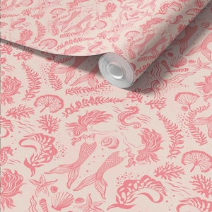 Peel & Stick Wallpaper - Dreamy Mermaids in Pink - Pre-pasted and Unpasted Wallcovering - Removable Coastal Wall Mural by Green Planet