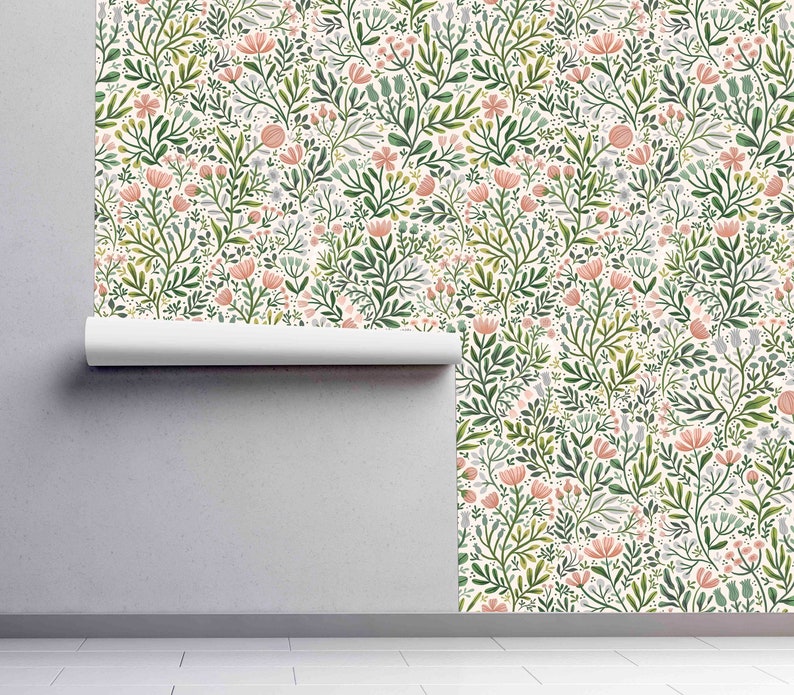 Floral Pattern Peel and Stick Wallpaper Self-Adhesive Removable Wallcovering Fabric & Light Canvas Texture Wall Murals by Green Planet image 3