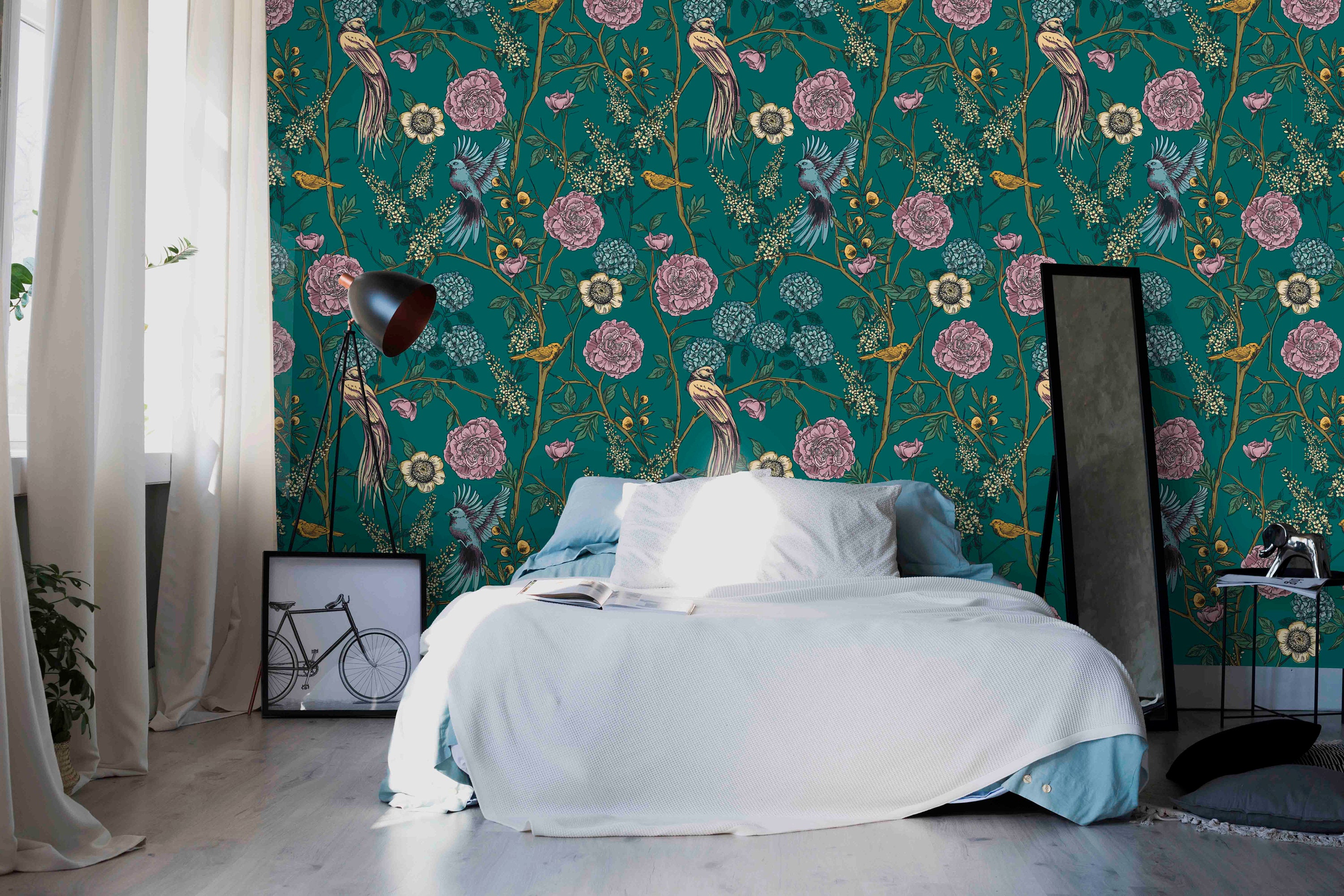 Wall Décor Beautiful Delicate Teal Floral Pattern Peel and Stick