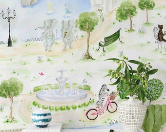 Peel & Stick Wallpaper Mural - Animals At The Park Wallcovering - Pre-pasted - Unpasted - Materials - Kid's Room Décor - Nursery Accent Wall